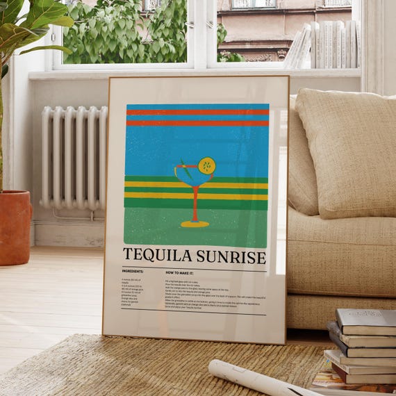 Tequila Sunrise Cocktail Recipe Retro Striped Illustration Wall Art