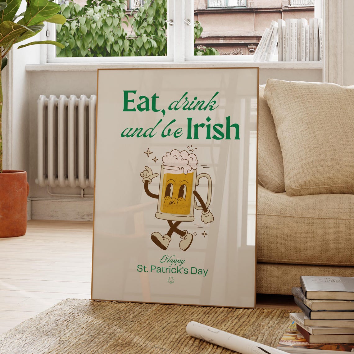 Eat Drink And Be Irish Happy Saint Patrick Day Beer Mug Cartoon Poster