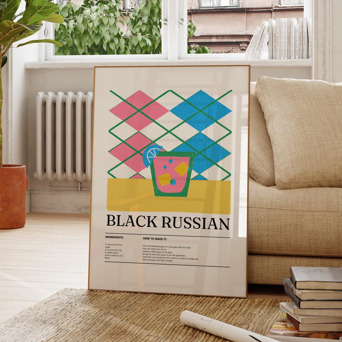 Black Russian Cocktail Recipe Retro Argyle Bar Decor Wall Poster