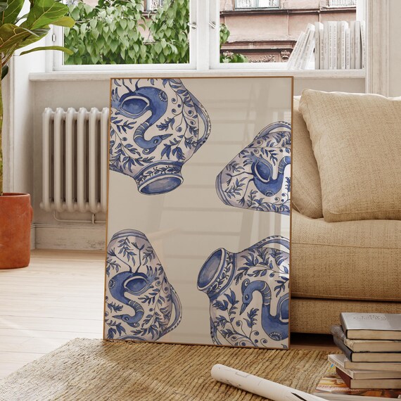 Blue White Porcelain Vases Chinoiserie Bird Motif Classic Decor Poster