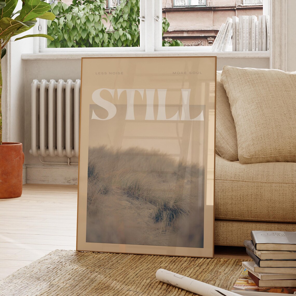 Still Beige Misty Grass Landscape Poster With Less Noise More Soul Quote