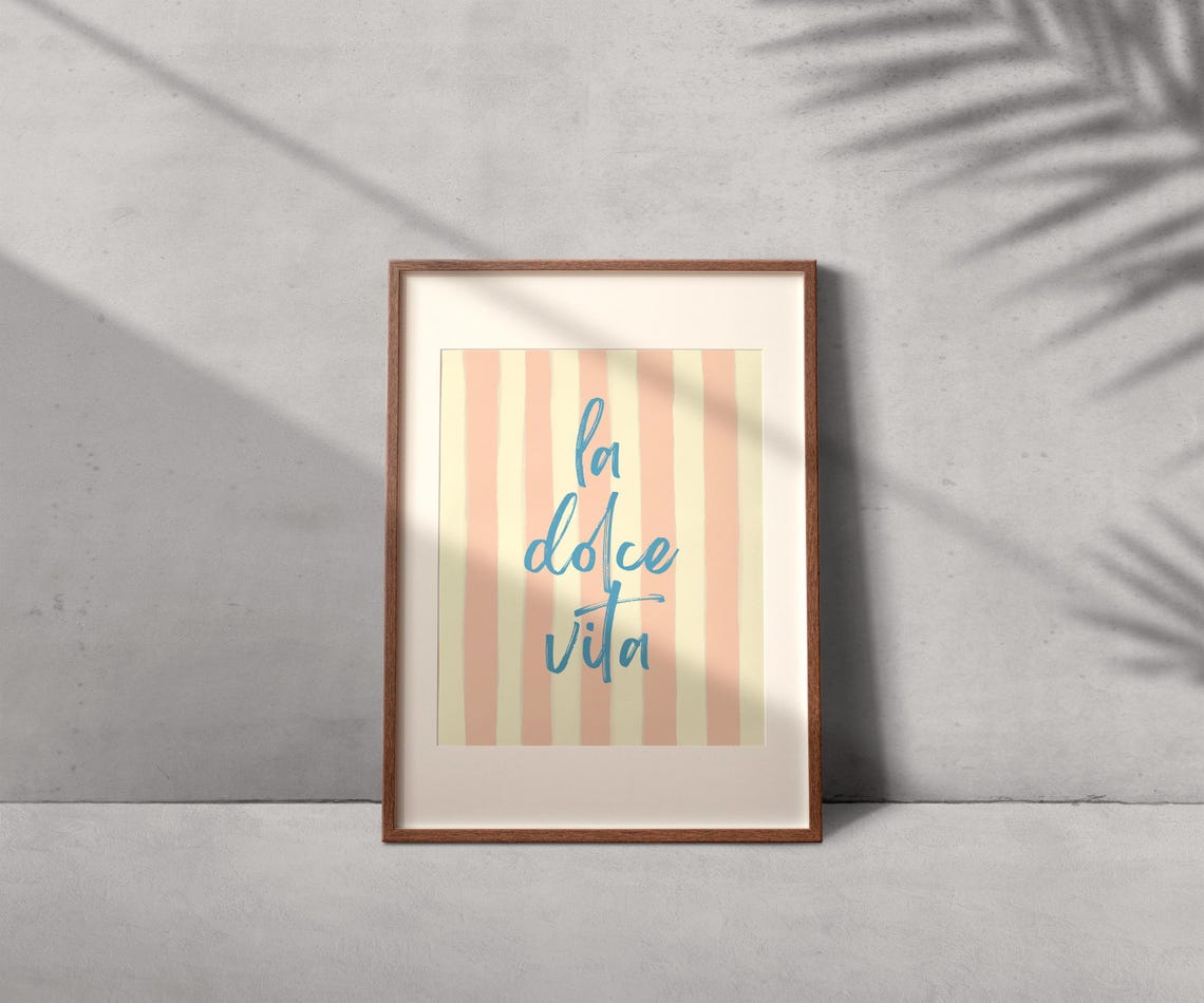 La Dolce Vita Blue Script Quote on Peach Striped Poster Wall Art - Image 2
