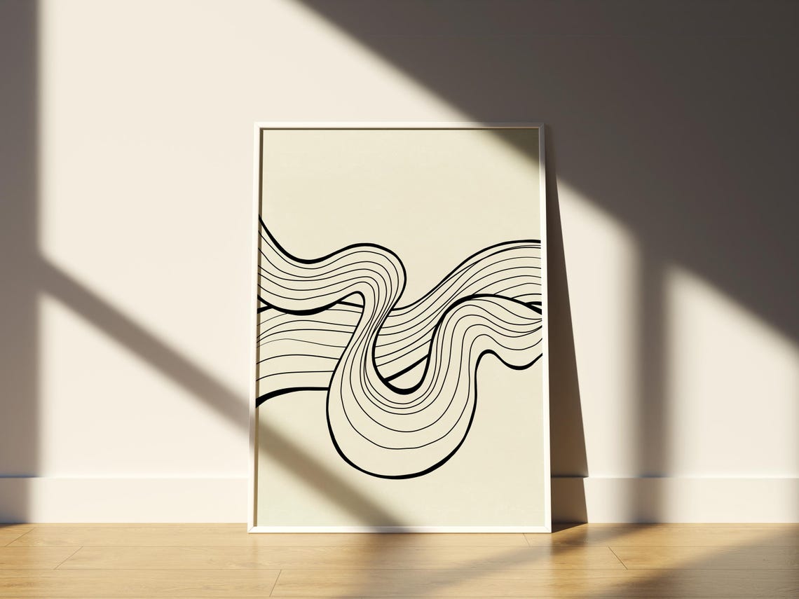 Minimalist Black Line Ribbon Flow Abstract Cream Wall Art Print - Image 3