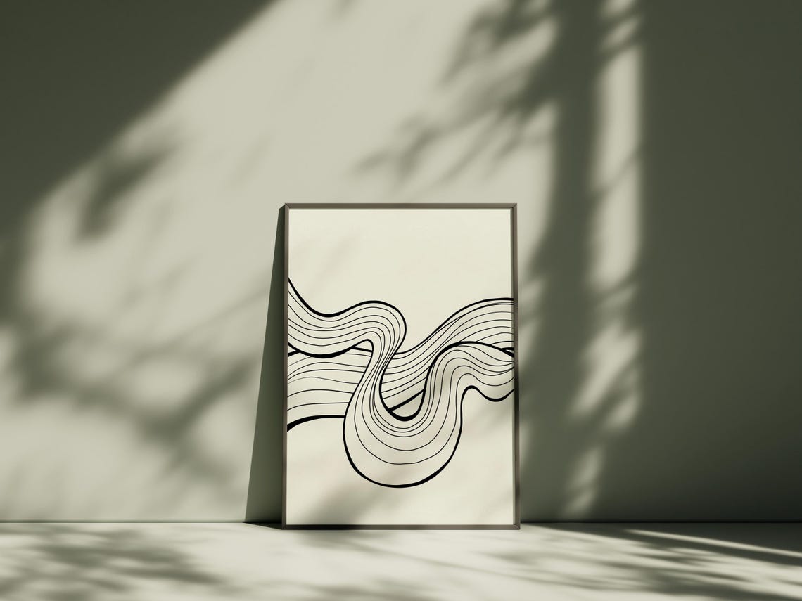 Minimalist Black Line Ribbon Flow Abstract Cream Wall Art Print - Image 6