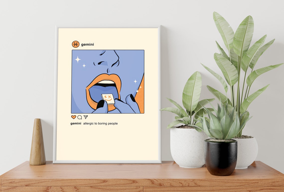 Gemini Zodiac Pop Art Blue Lips Holding Pill Astrology Humor Poster - Image 3