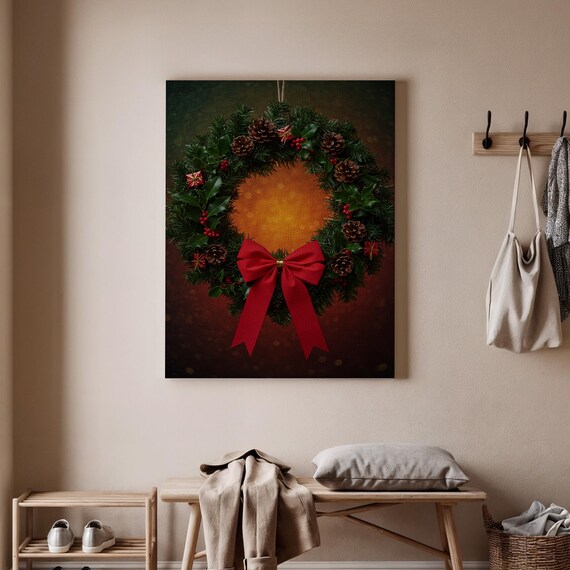 Christmas Wreath Red Bow Pinecone Holiday Green Garland Art Print