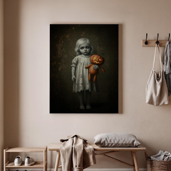 Haunted Doll Halloween Canvas Creepy Girl With Pumpkin Spooky Art For Eerie Home Decor And