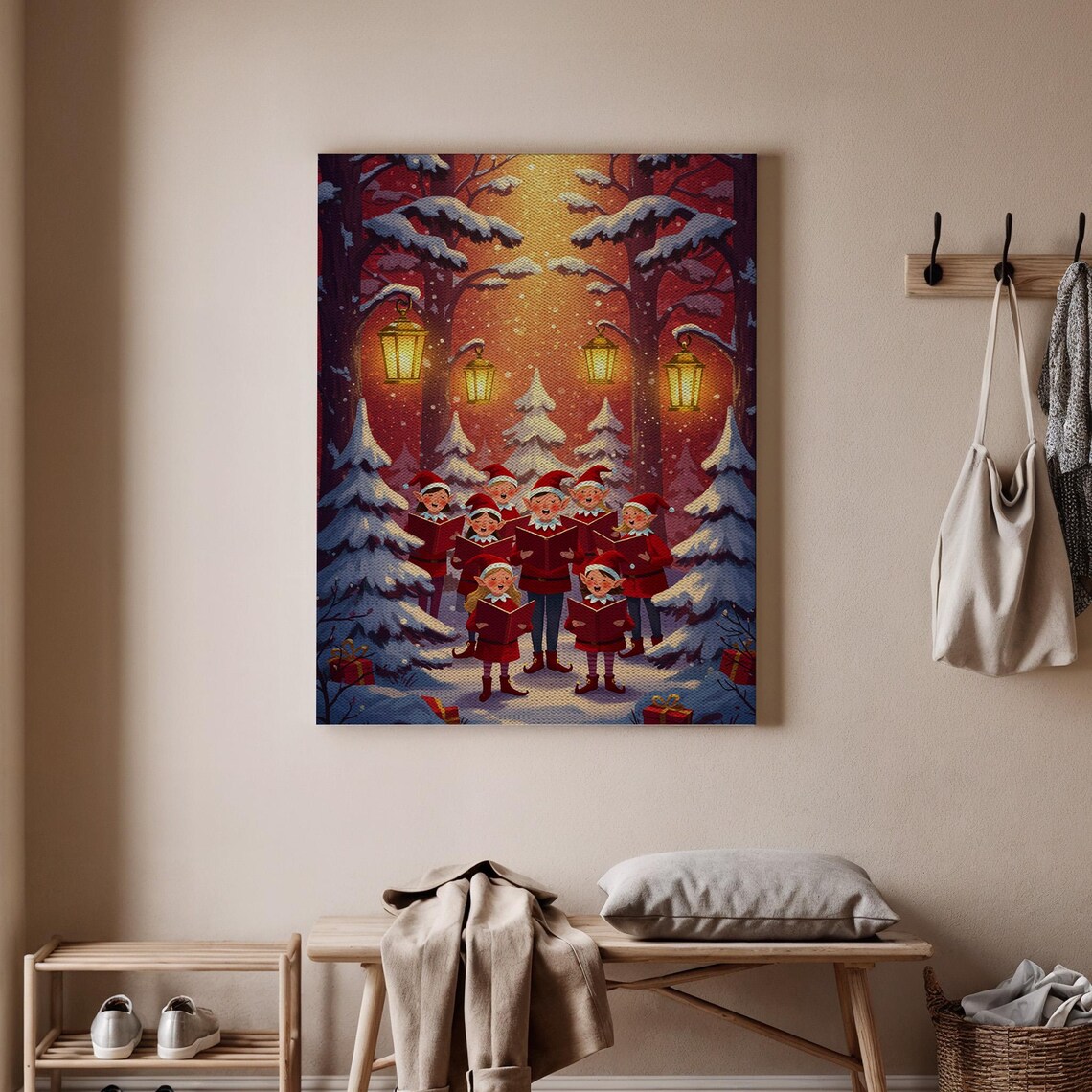 Christmas Carolers Snowy Forest Lantern Light Holiday Choir Wall Art
