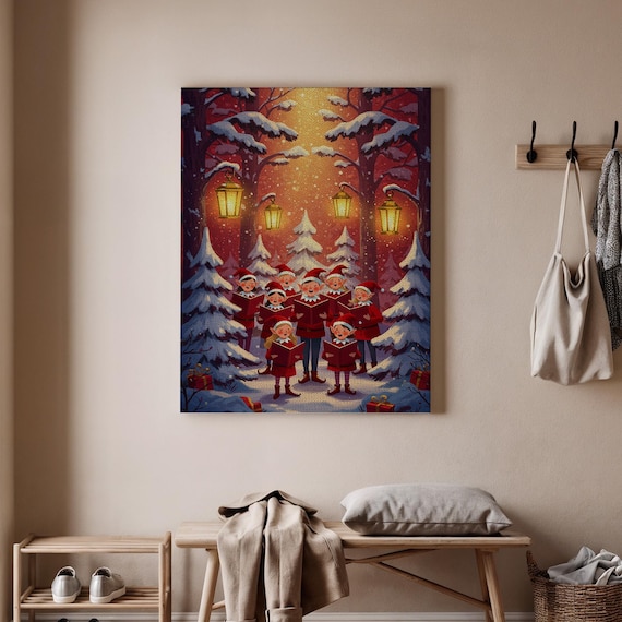 Christmas Carolers Snowy Forest Lantern Light Holiday Choir Wall Art
