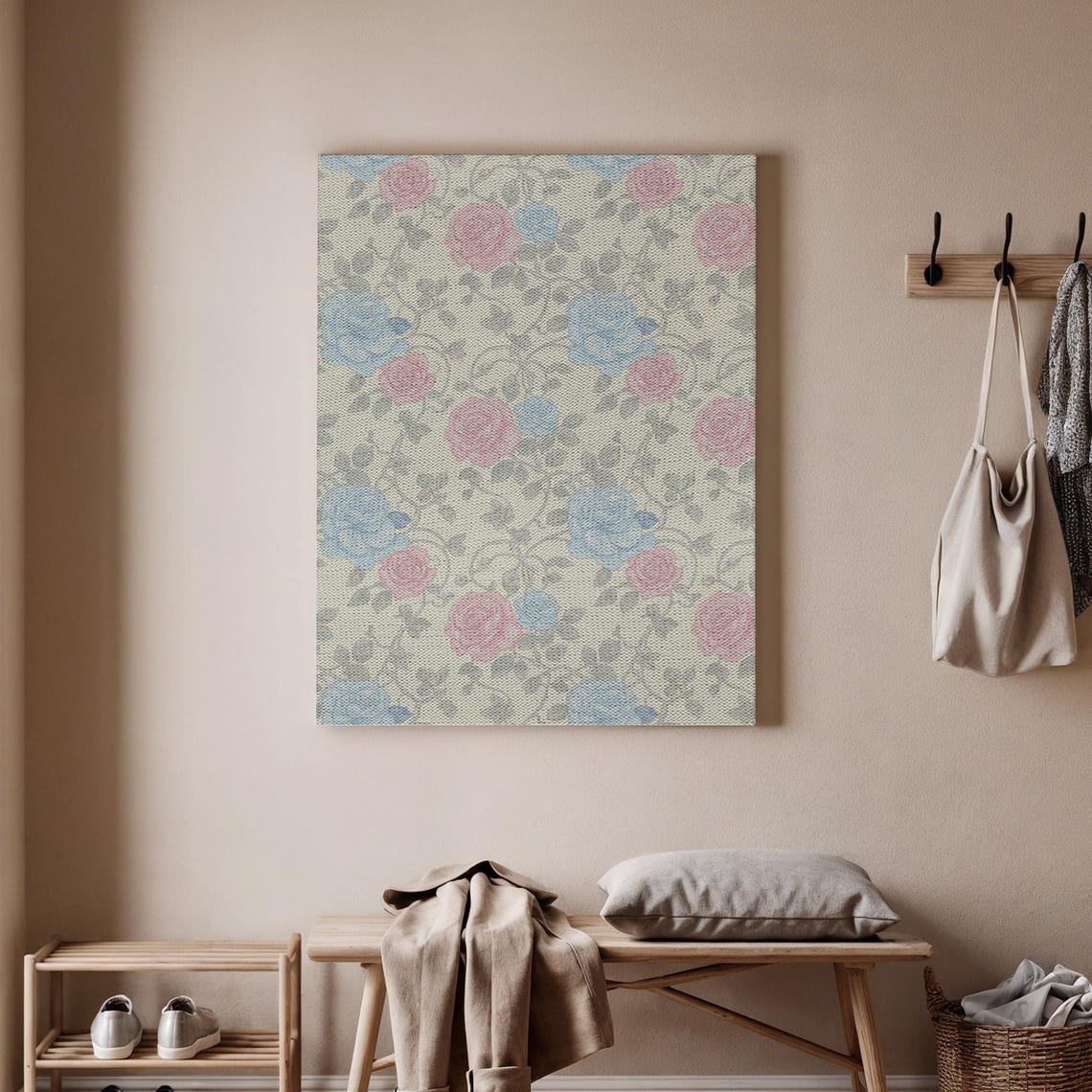 Vintage Floral Rose Pattern Pink And Blue Shabby Chic Wall Art