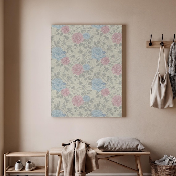 Vintage Floral Rose Pattern Pink And Blue Shabby Chic Wall Art