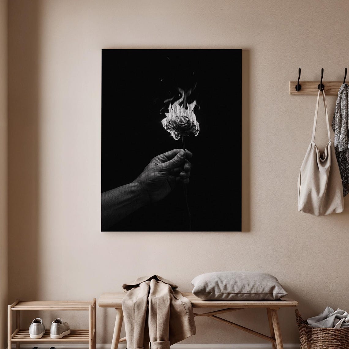 Black And White Rose Canvas Burning Art Minimalist Flame Artwork Unique Wall Decor For Modern Living Room Or Office