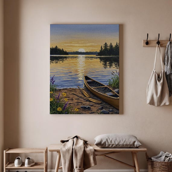 Lake Canoe Art Print Serene Sunset Canvas Wall Nature Landscape Poster Peaceful River Decor Tranquil Water Scene Painting