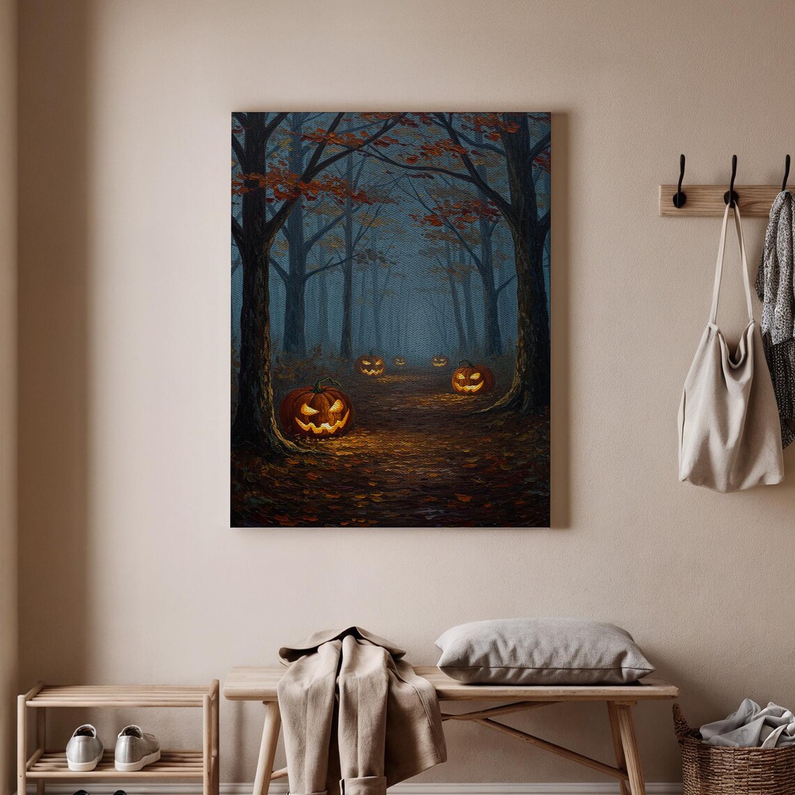 Halloween Pumpkin Forest Canvas Spooky Path Autumn Art Glowing For Fall Decor And Home