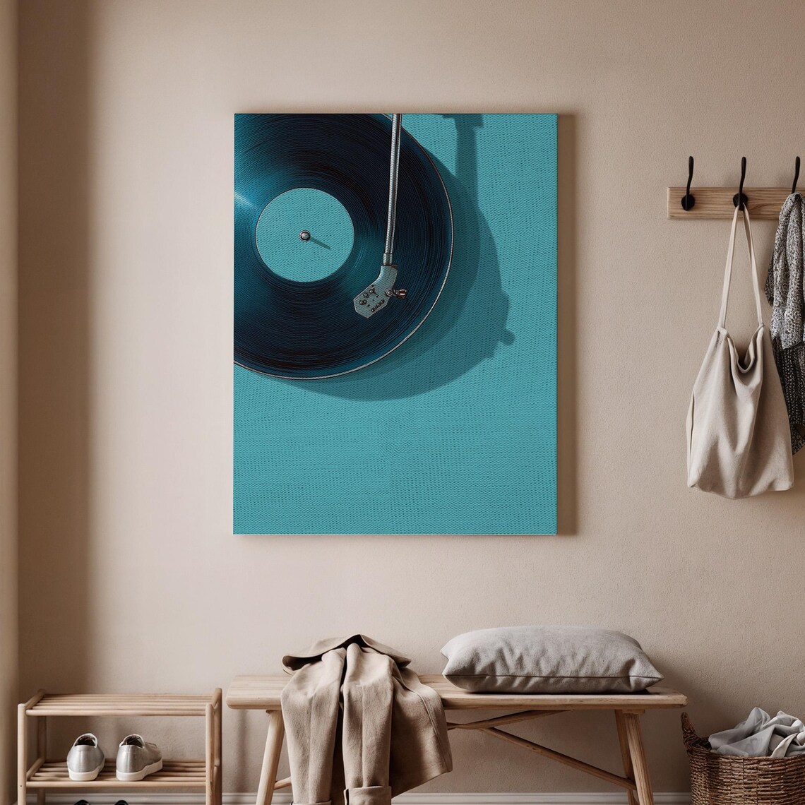 Retro Teal Vinyl Record Close Up Tonearm Spinning Music Poster