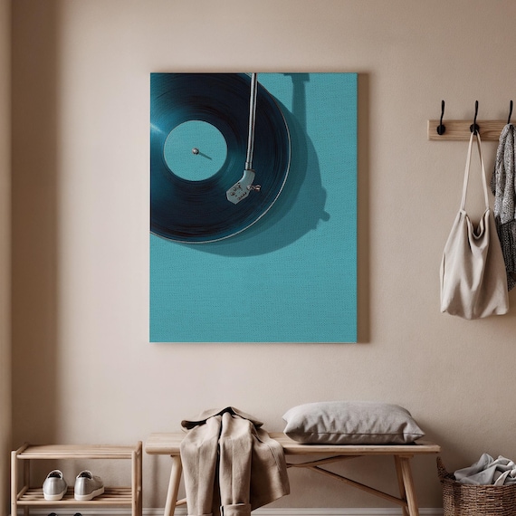 Retro Teal Vinyl Record Close Up Tonearm Spinning Music Poster
