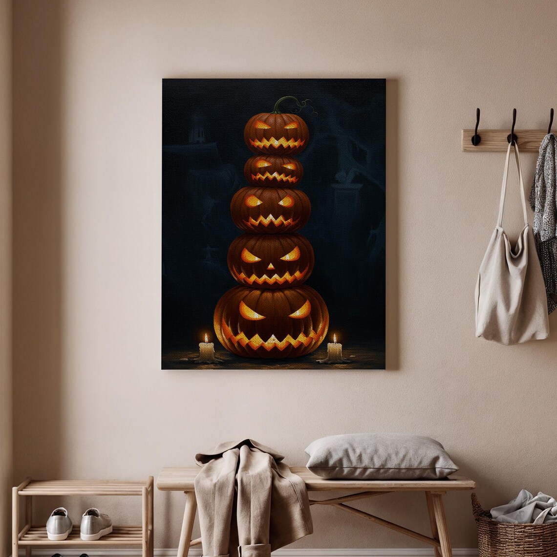Stacked Jackolanterns Halloween Canvas Wall Art Spooky Pumpkin Tower Decor Night Scene Fall For Home