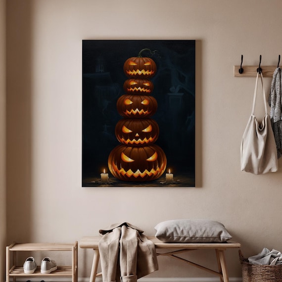 Stacked Jackolanterns Halloween Canvas Wall Art Spooky Pumpkin Tower Decor Night Scene Fall For Home