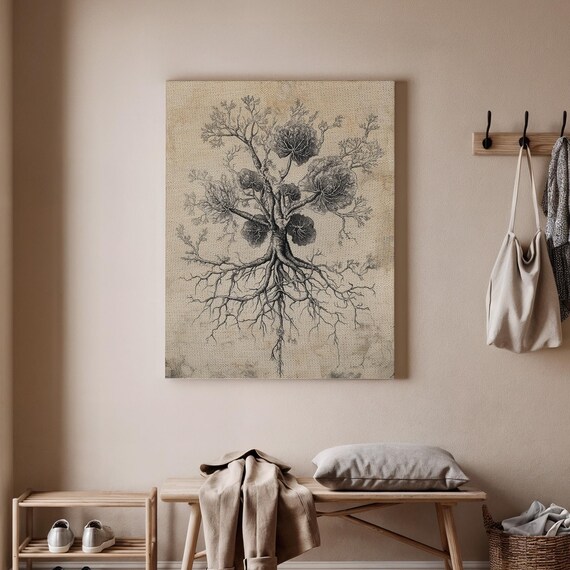 Framed Black And White Plant Roots Canvas Print Detailed Botanical Art Elegant Natureinspired Wall Decor For Living Room Or Studio