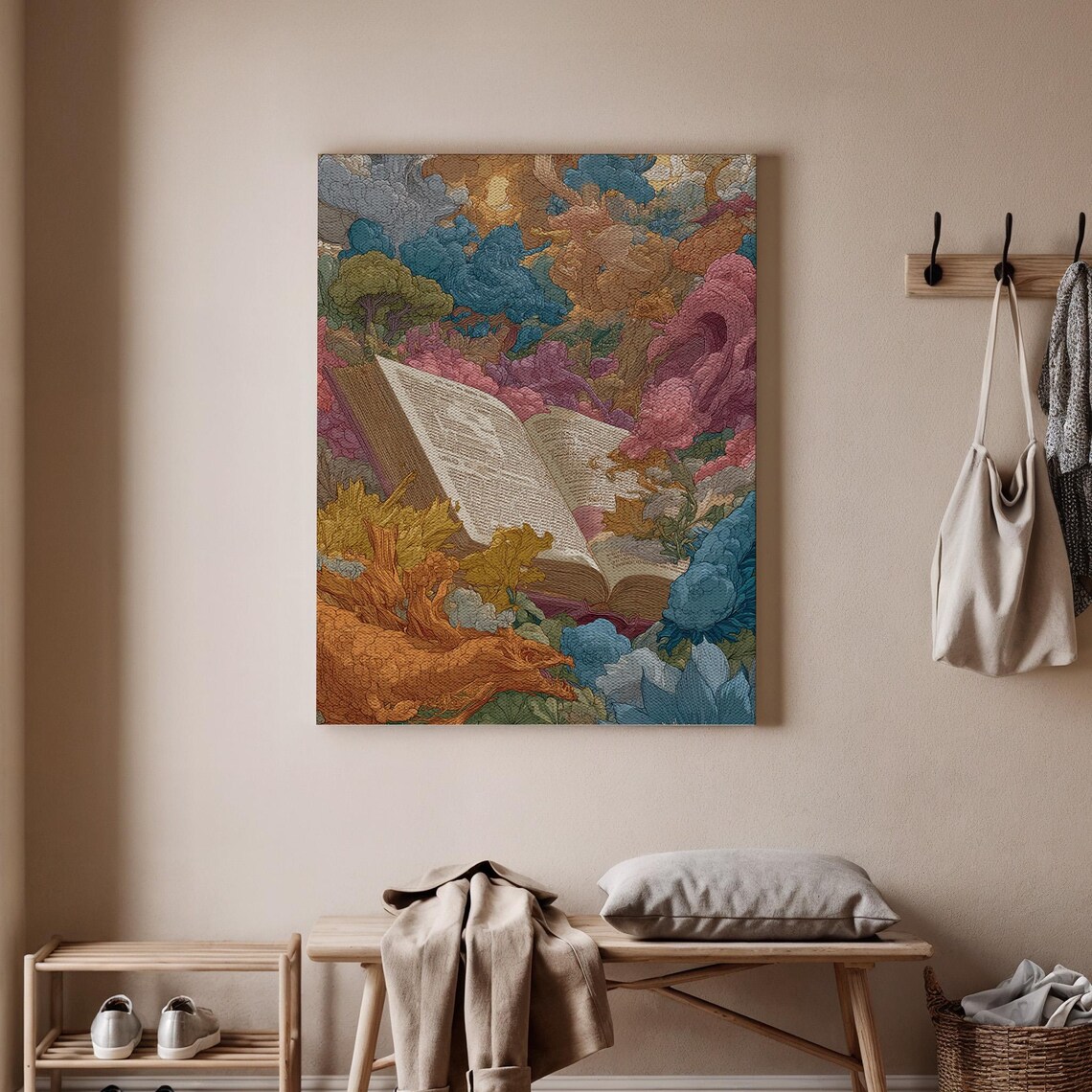Open Book Blooming Floral Fantasy Dream Colorful Reading Wall Art