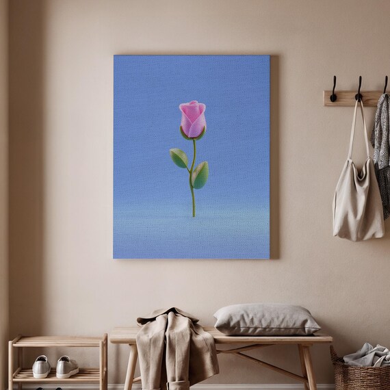 Pink Rose Minimalist Art Single Flower Blue Background Simple Wall Poster