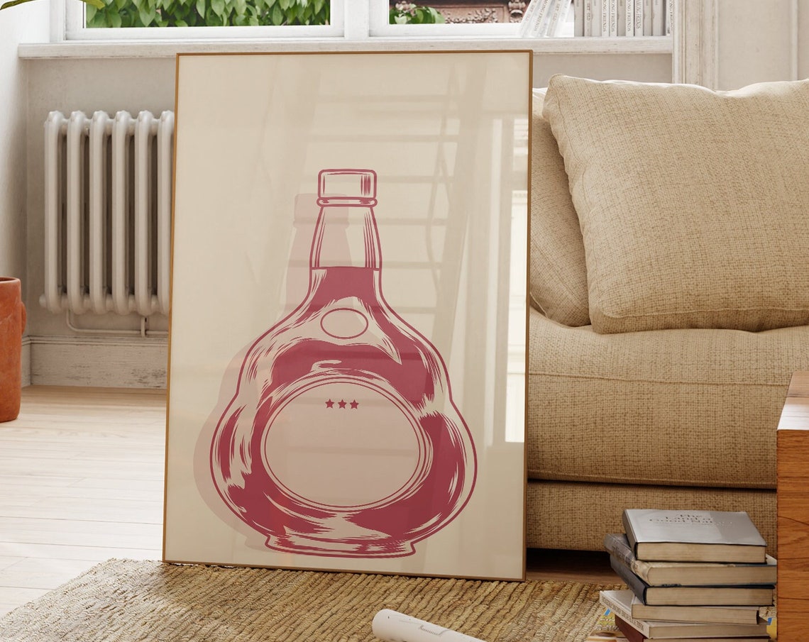 Blush Pink Liqueur Bottle Line Art Three Star Bar Wall Poster