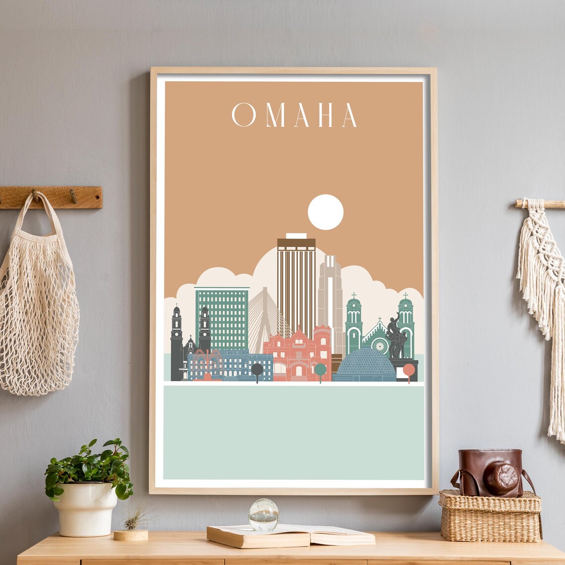Omaha Nebraska Illustrated Downtown City Skyline Travel Poster