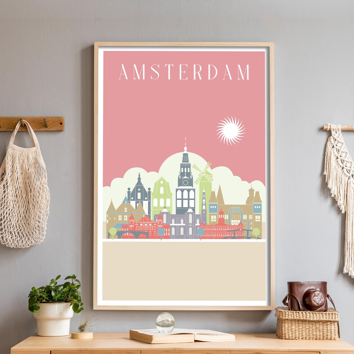 Amsterdam Netherlands Illustrated Skyline Blush Pink Travel Poster