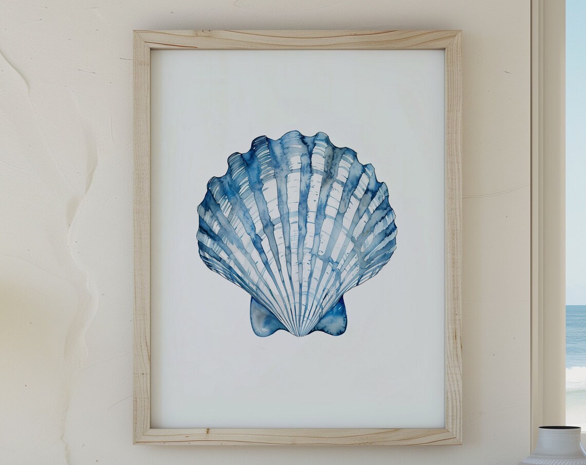 Blue Watercolor Scallop Shell Coastal Poster Minimalist Beach Decor Art