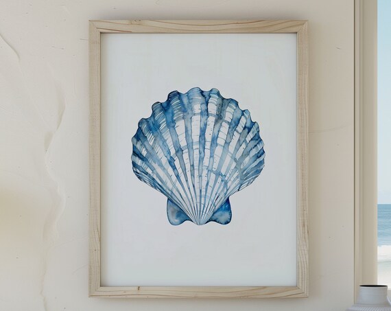 Blue Watercolor Scallop Shell Coastal Poster Minimalist Beach Decor Art