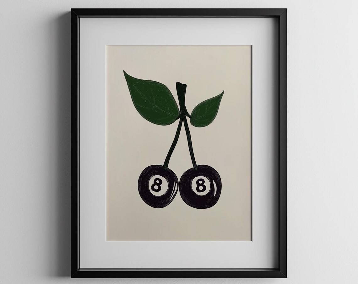 Cherry Eight Ball Minimalist Black and Green Fruit Illustration Poster