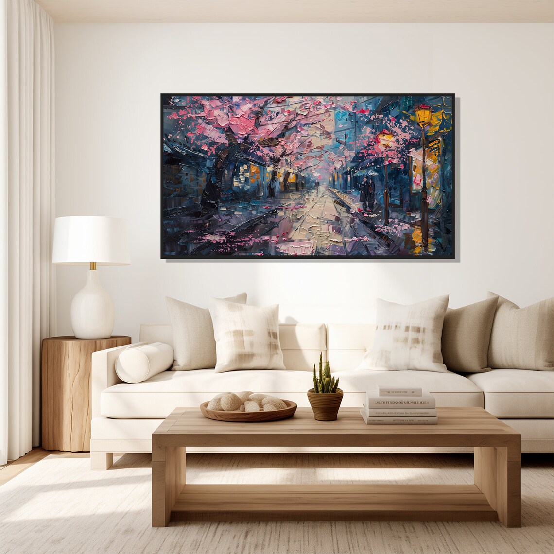 Cherry Blossom Street Rainy Night Pink Petals City Painting Wall Art - Image 5