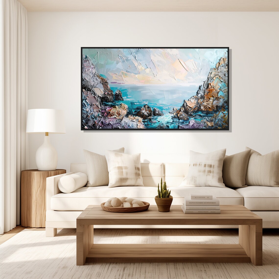 Turquoise Ocean Cove Painting Rocky Cliffs Blue Sea Horizon Art Poster - Image 5