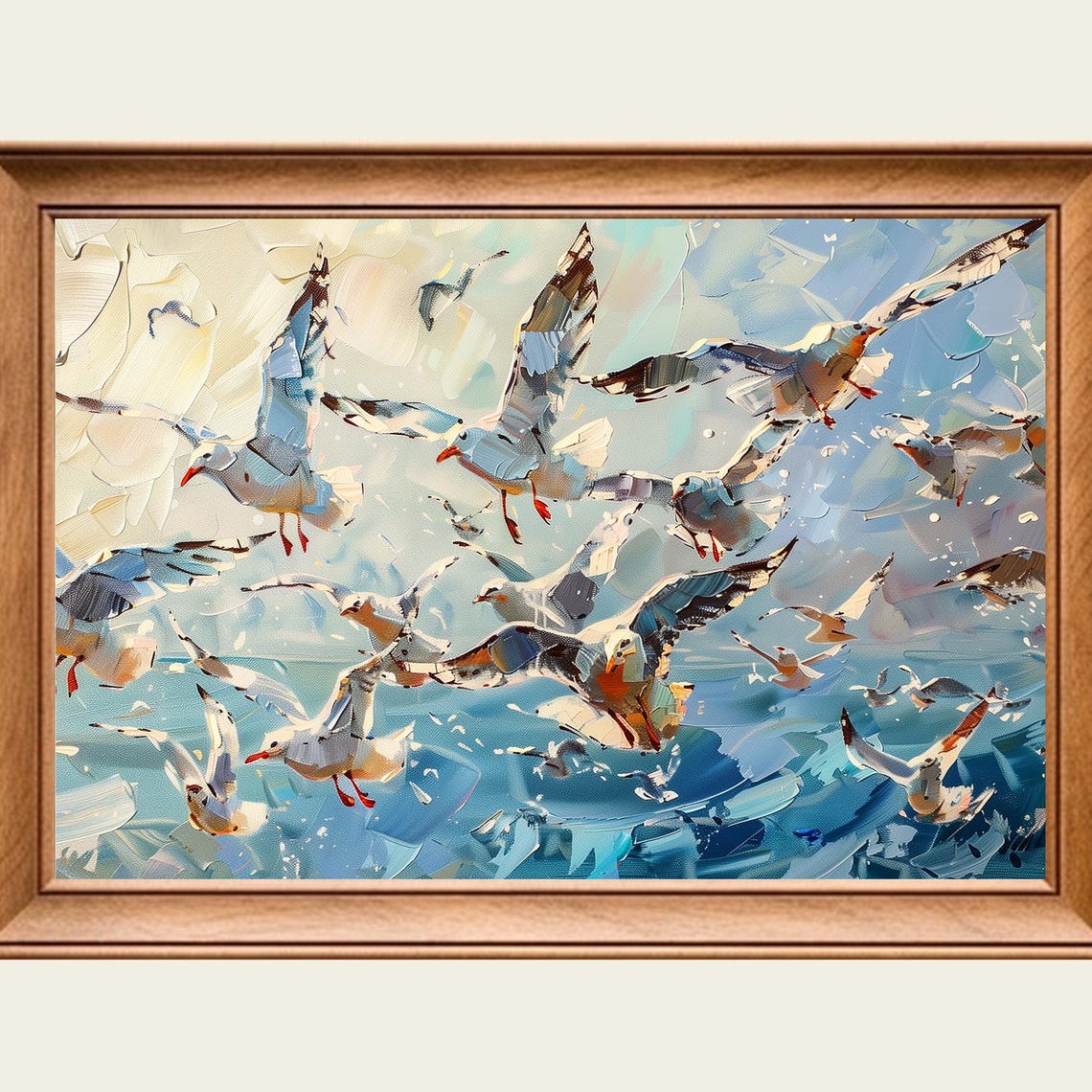 Seagulls in Flight Over Ocean Waves Dynamic Coastal Art Poster