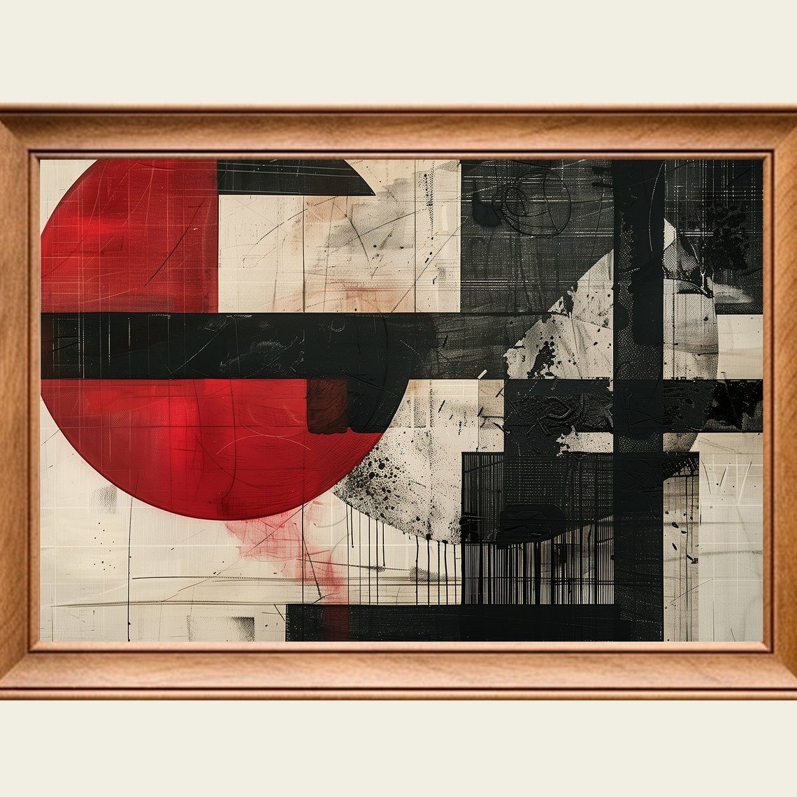 Red Sun Geometric Abstract Painting Bold Circle Bauhaus Style Poster