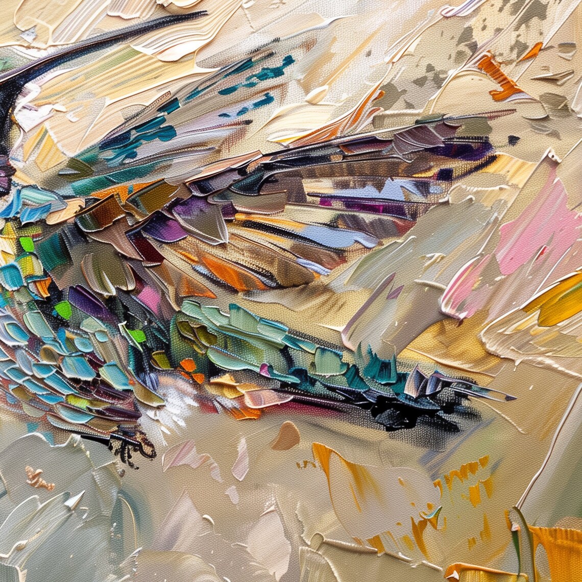 Jewel Tone Hummingbird Close Up Impasto Oil Painting Wall Art Print - Image 6