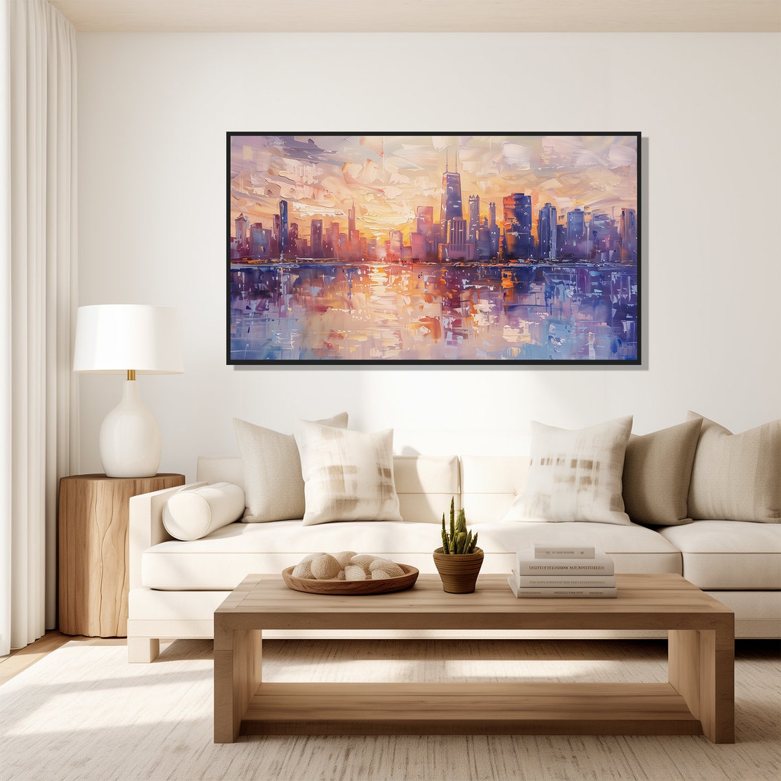 Chicago Skyline Sunset Reflection Lake Impressionist Painting Wall Art - Image 4