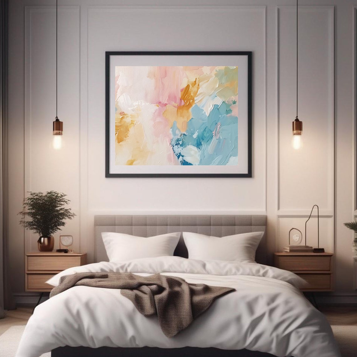 Abstract Pastel Brushstrokes Soft Pink Blue Gold Modern Wall Art Print - Image 2