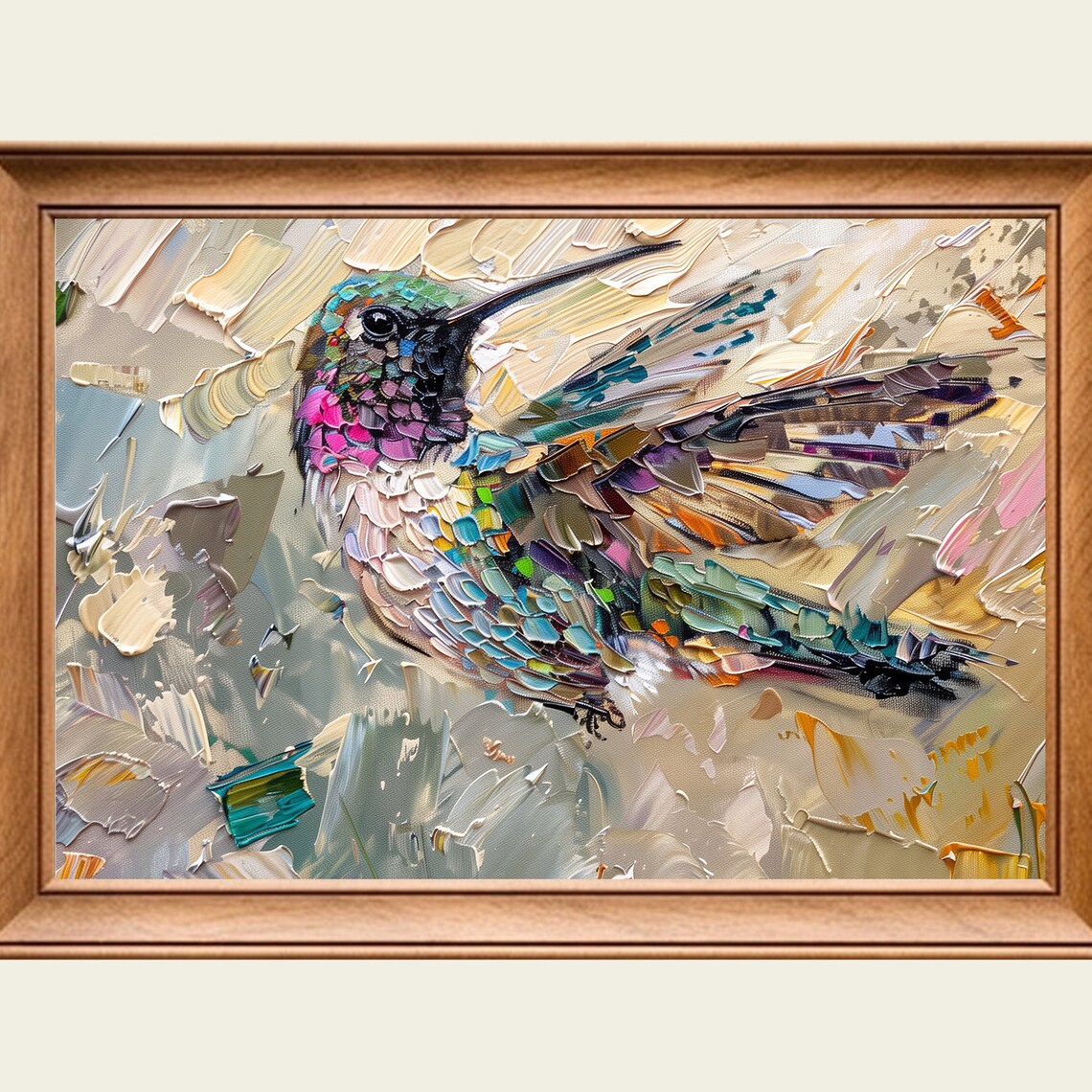 Jewel Tone Hummingbird Close Up Impasto Oil Painting Wall Art Print
