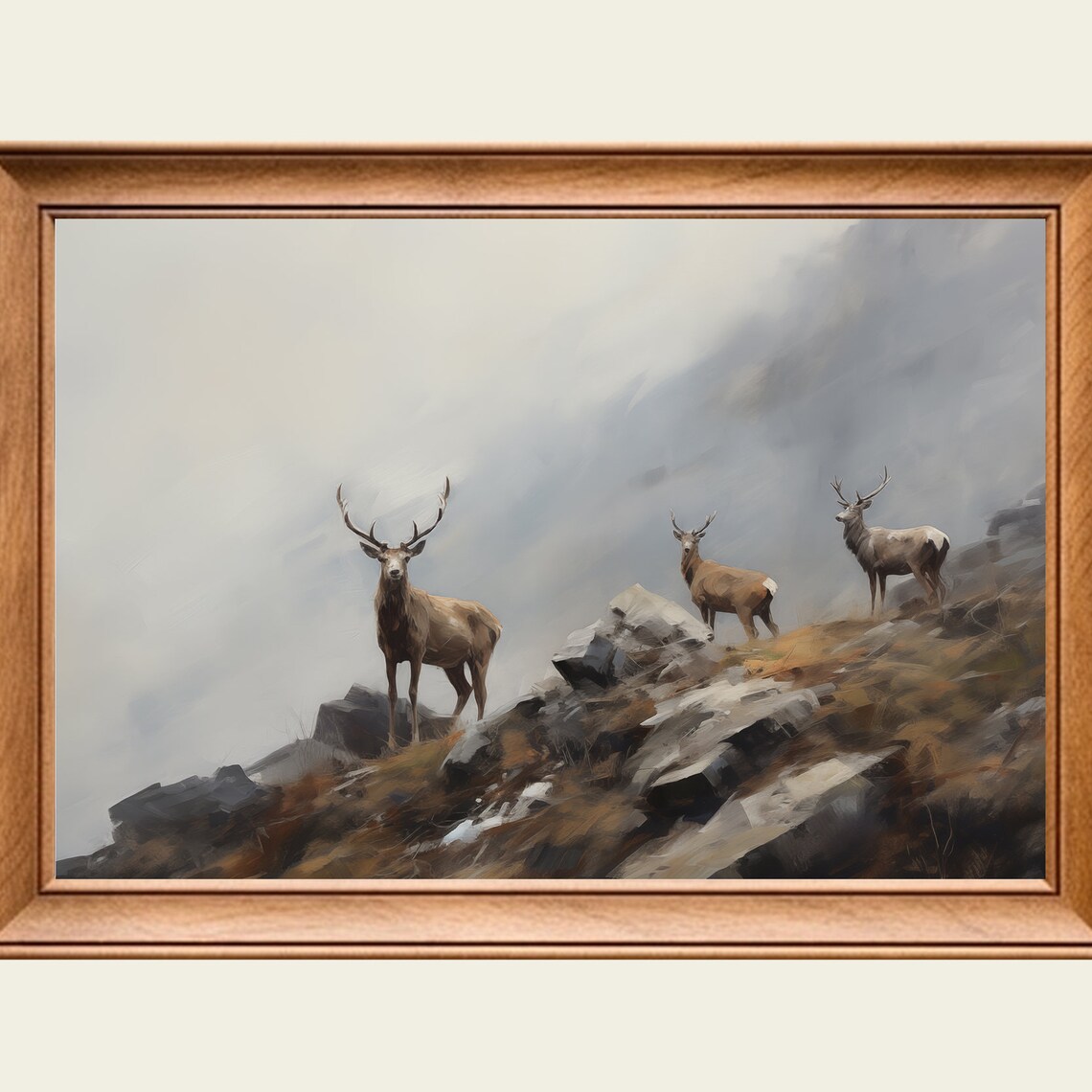 Misty Mountain Deer Painting Three Stags Rocky Ridge Wildlife Art Poster