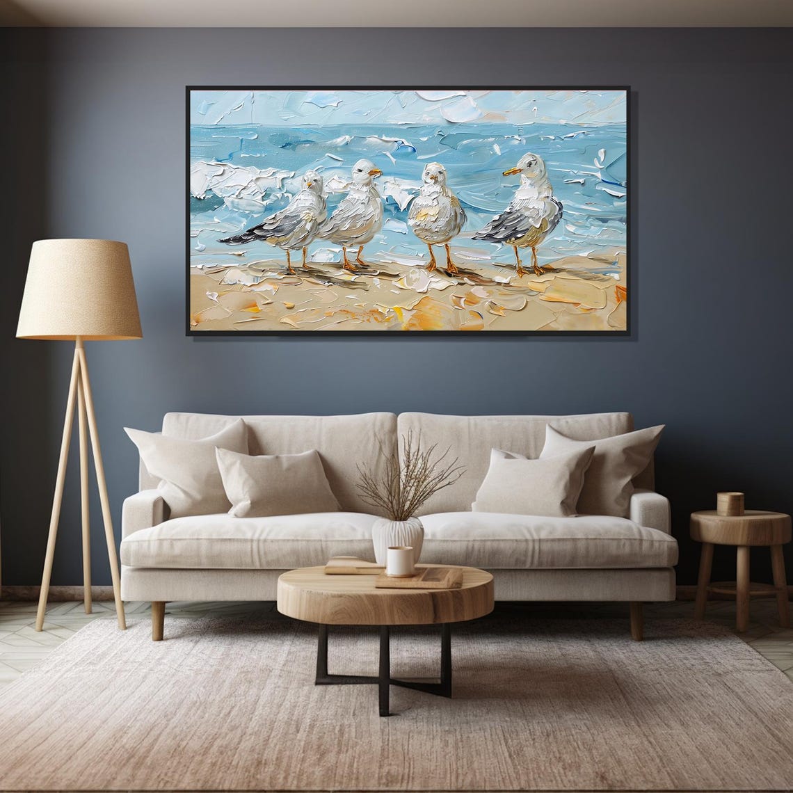 Four Seagulls on Beach Shore Cute Seabird Oil Painting Poster - Image 4