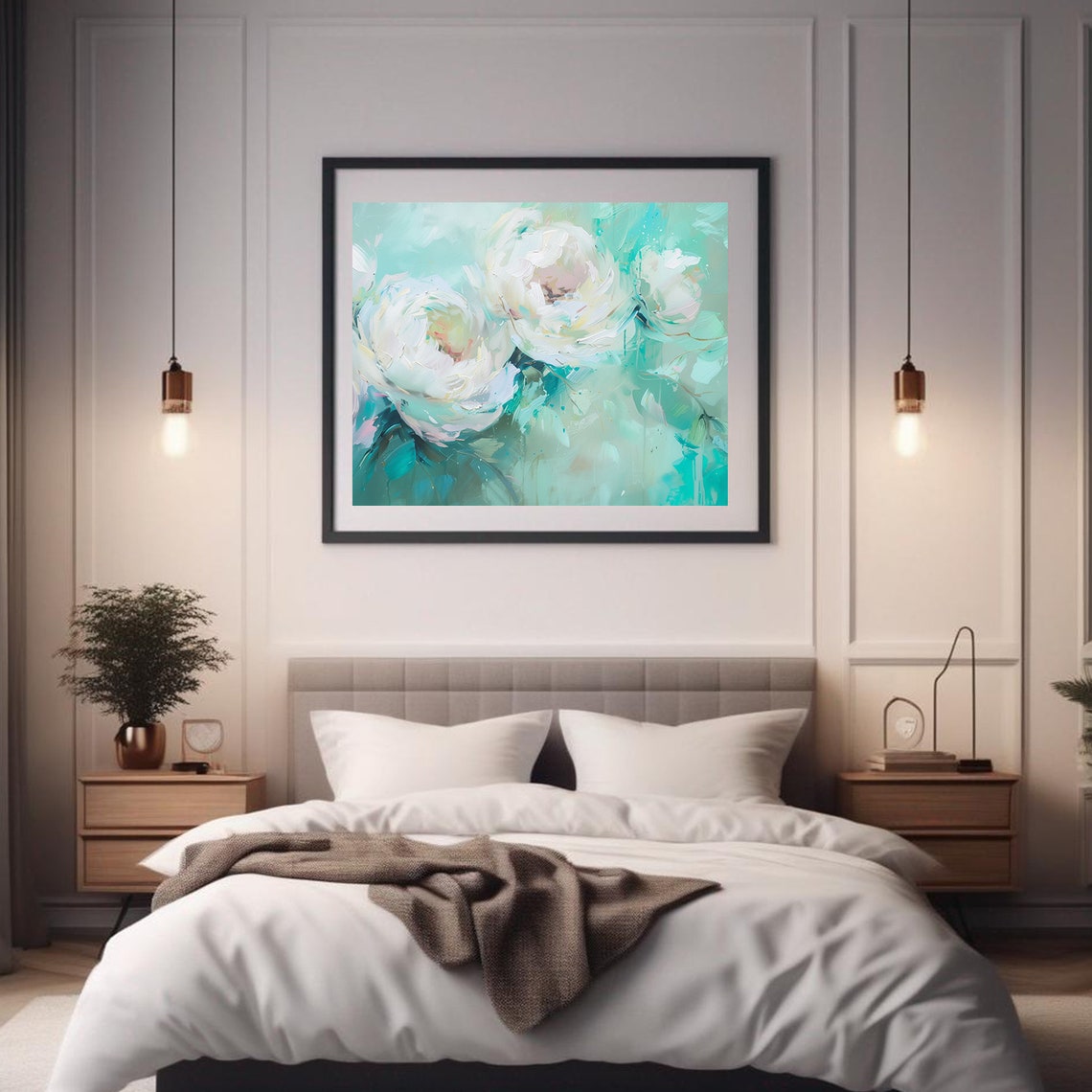 White Peonies Mint Green Impressionist Floral Modern Painting Wall Art - Image 2