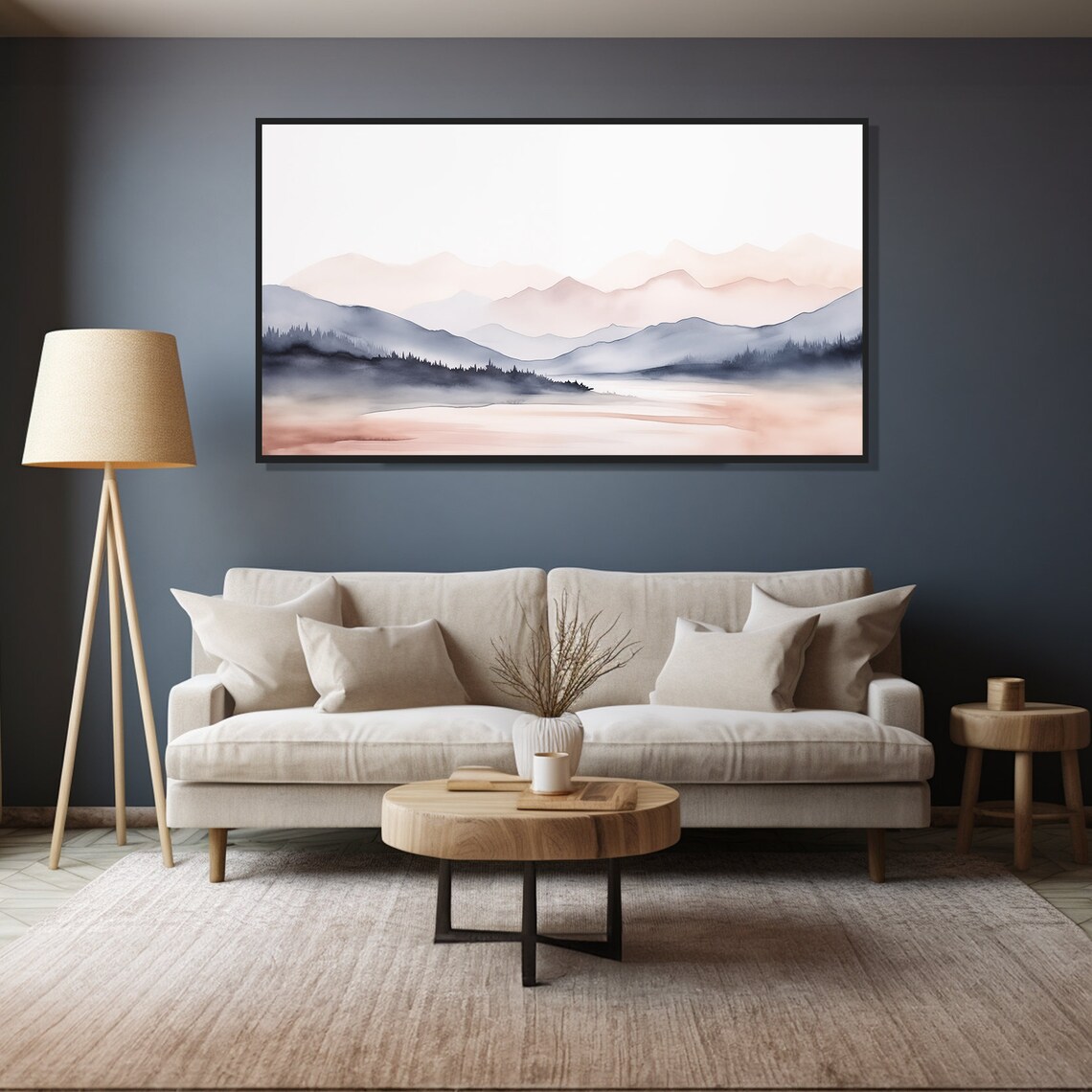 Misty Watercolor Mountain Layers Soft Pink Blue Calm Lake Wall Art - Image 5