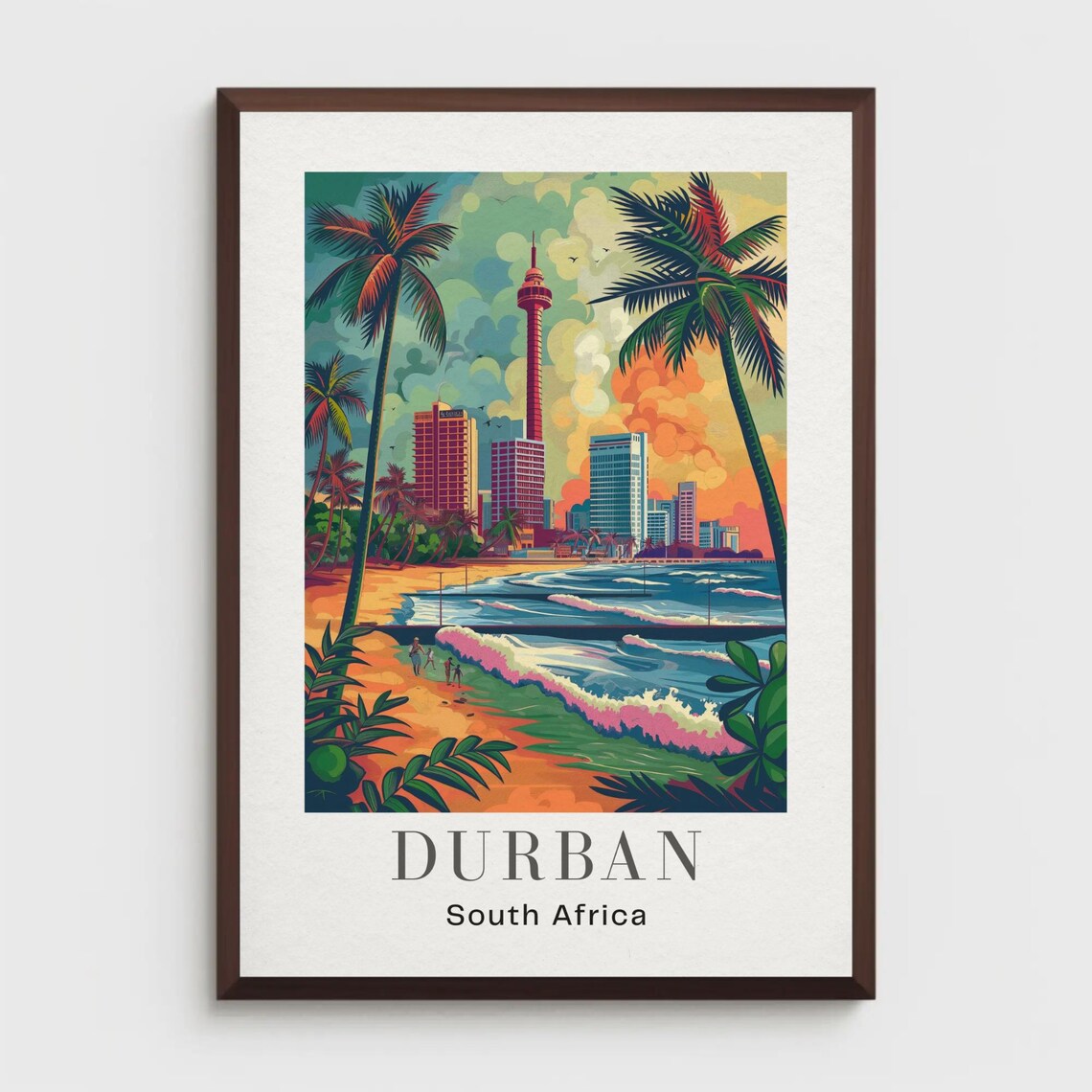 Durban South Africa Retro Travel Poster with Palm Beach Sunset