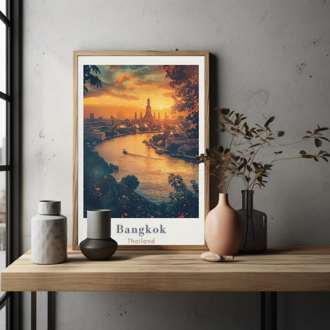 Vibrant Golden Bangkok Thailand Wat Arun Sunset Travel Poster