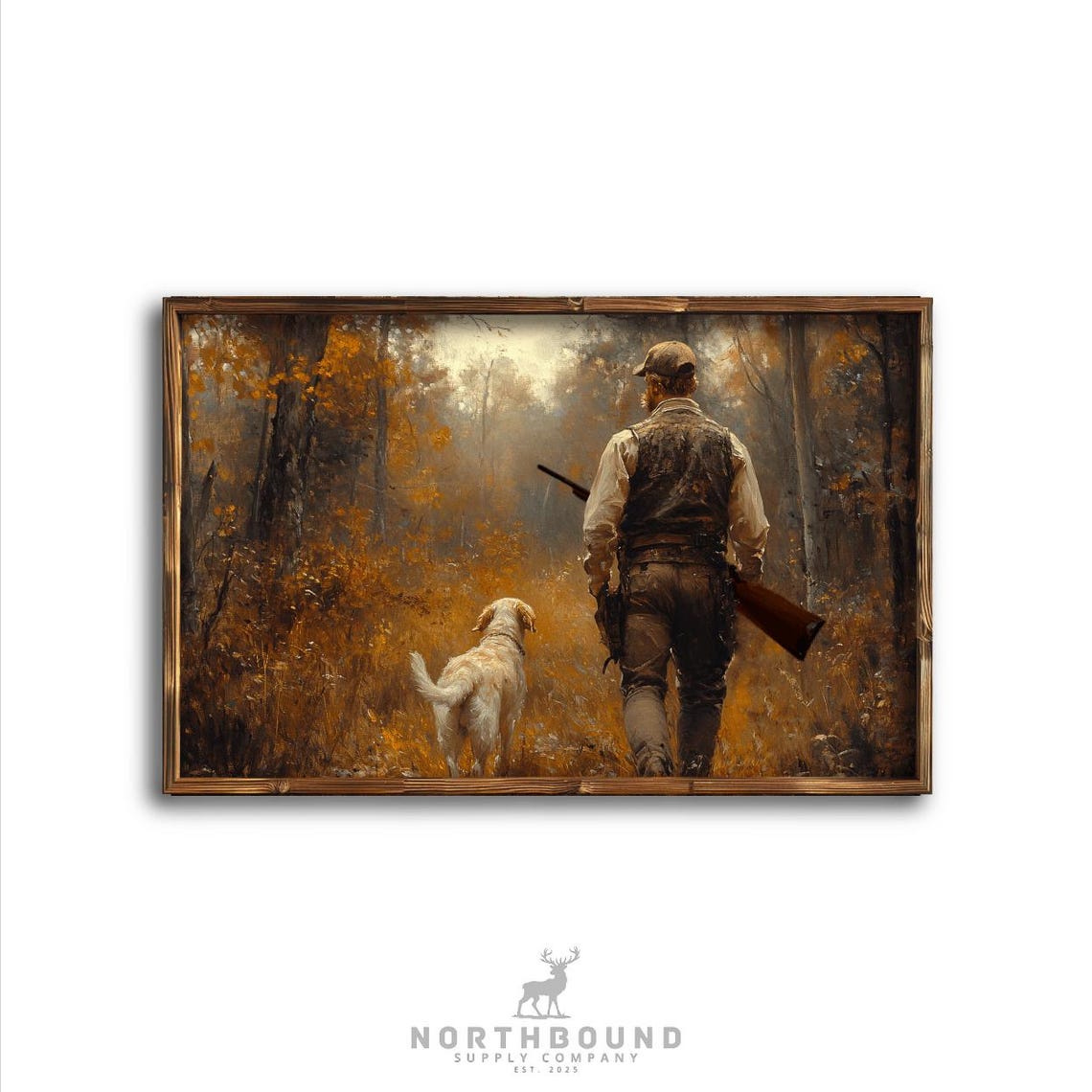 Autumn Forest Bird Hunt Scene Hunter and Dog Rustic Art Poster