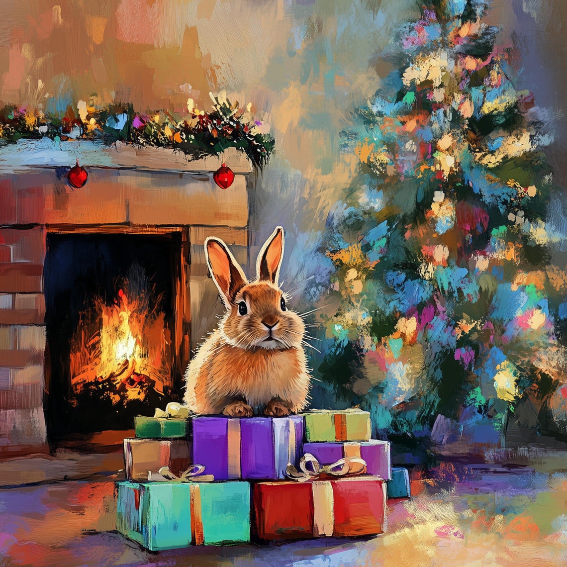 Cute Bunny Christmas Poster Gifts Fireplace Holiday Rabbit Decor Art - Image 3