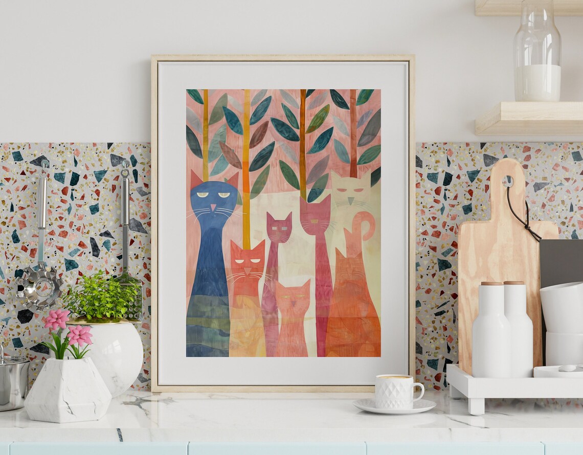 Colorful Cat Wall Art Oil Painting Trendy Cute Apartment Decor Cat Poster Colorful Cat Poster Illustration Art Preppy Room Decor - Image 2