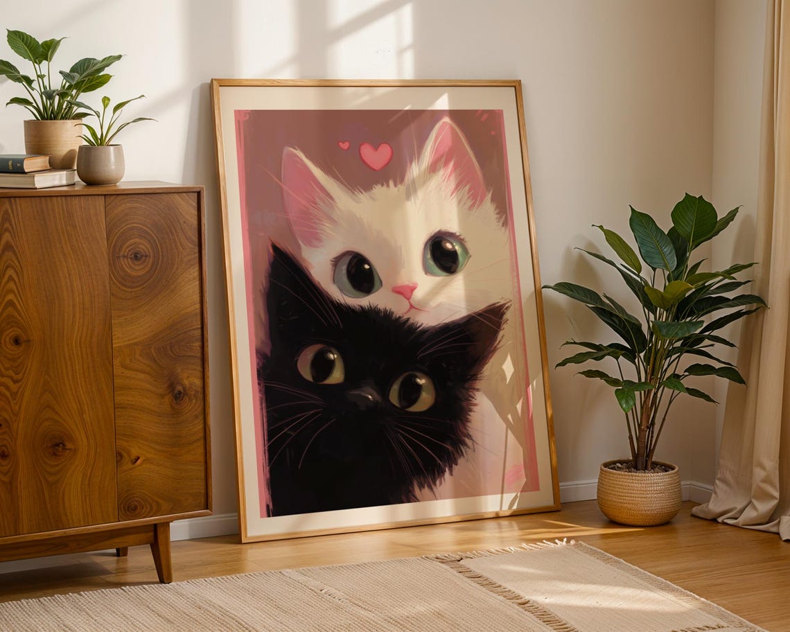 Cute Black and White Cat Faces Hearts Romantic Kitten Poster - Image 3