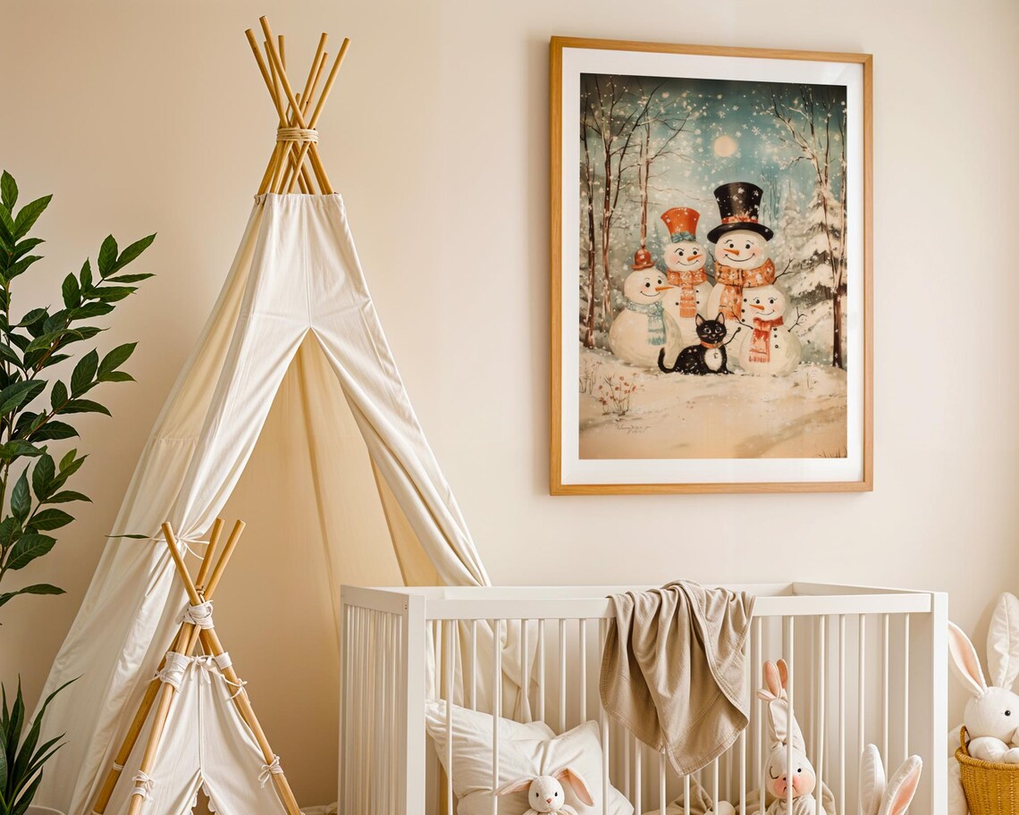 Vintage Snowman Family Christmas Poster With Black Cat Winter Scene - Image 2